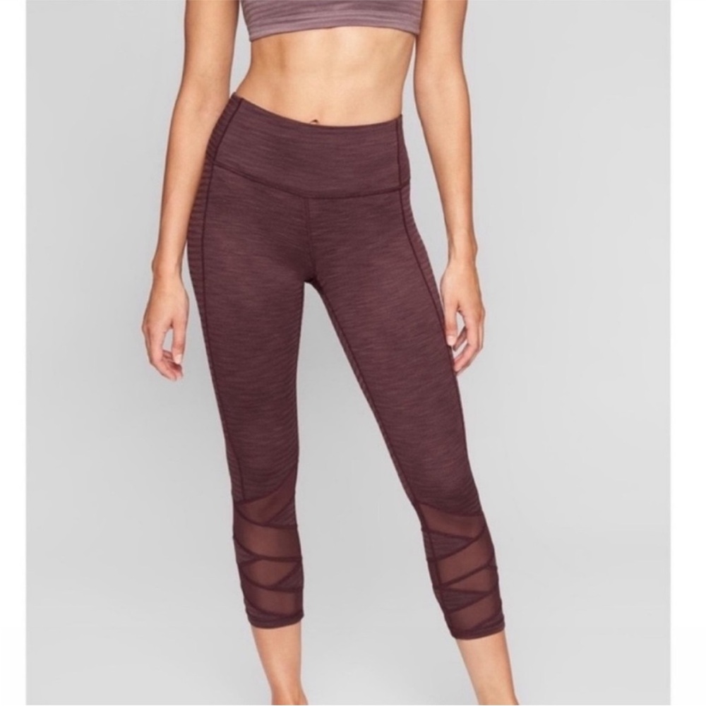 Athleta Jacquard Mantra Maroon Mesh Panel Cropped Leggings